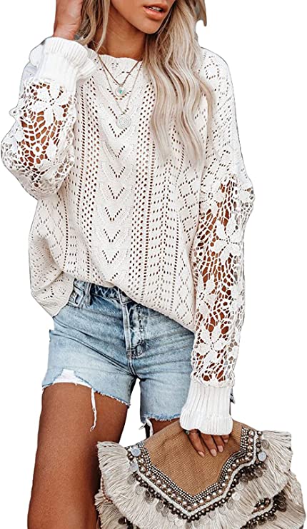 My Review AlvaQ Women Lace Crochet Long Sleeve Crewneck Sweaters Winter Knit Pullover Jumper Tops
