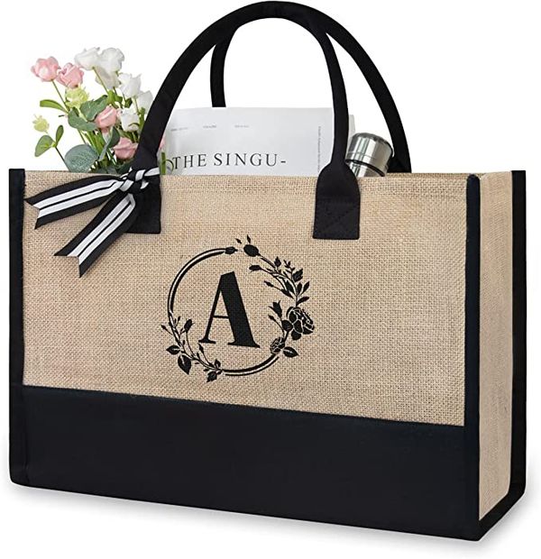My Review TOPDesign Initial Jute/Canvas Tote Bag, Personalized Present Bag