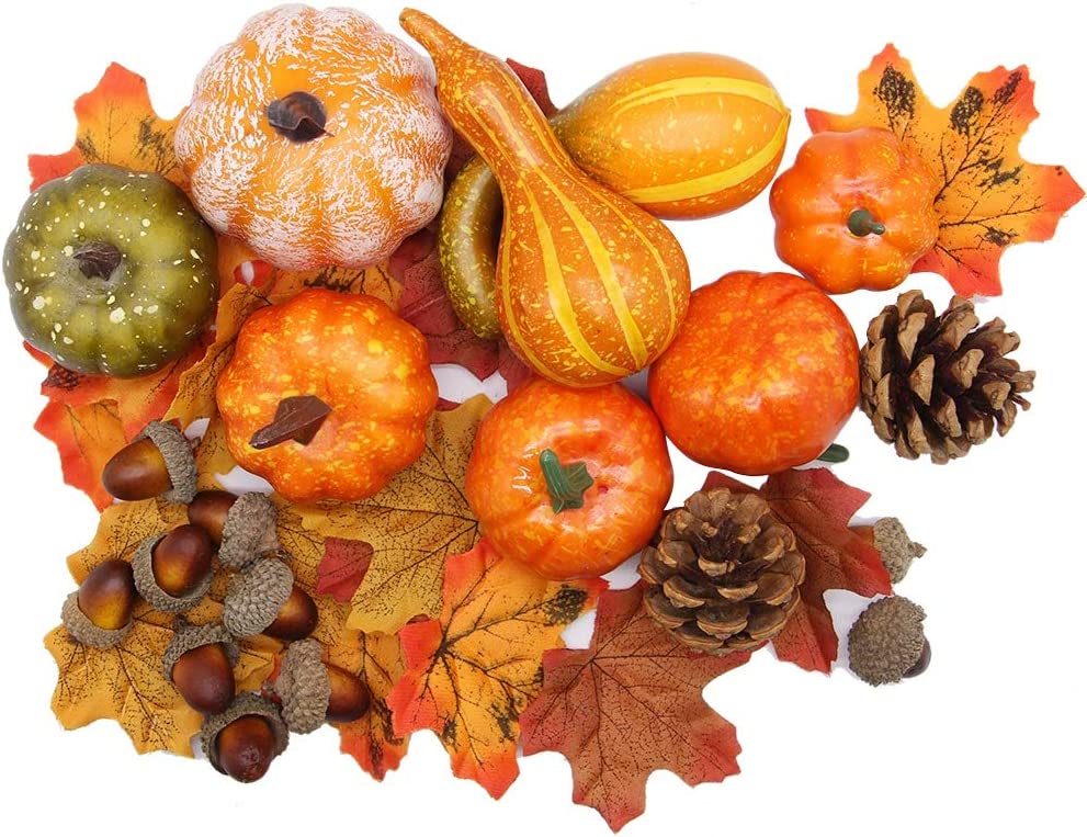 My Review winemana Thanksgiving Artificial Pumpkins Home Decoration Set, Mixture of 50 Artificial Harvest Decoration, 30 Fake Maple Leaves + 10 Fake Acorns + 2 Fake Pinecones + 8 Fake Pumpkins