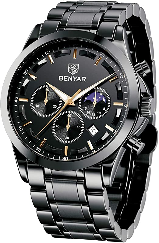 My Review BY BENYAR Men's Watches Waterproof Sport Military Watch for Men Multifunction Chronograph Black Fashion Quartz Wristwatches Calendar with Leather Strap