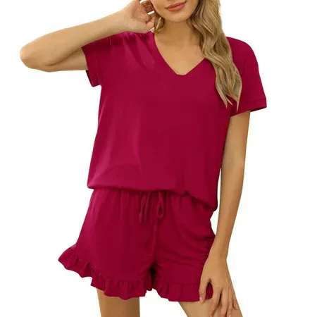 My Review Womens Ruffle Short Lounge Set Short Sleeve Tops and Shorts 2 Piece Pajamas Set Sleepwear for Women
short